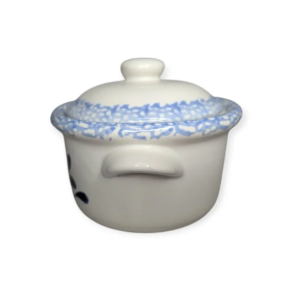 Vintage Corelle Stoneware Blue Hearts Ceramic Onion Soup Crock w/Handmade Candle
